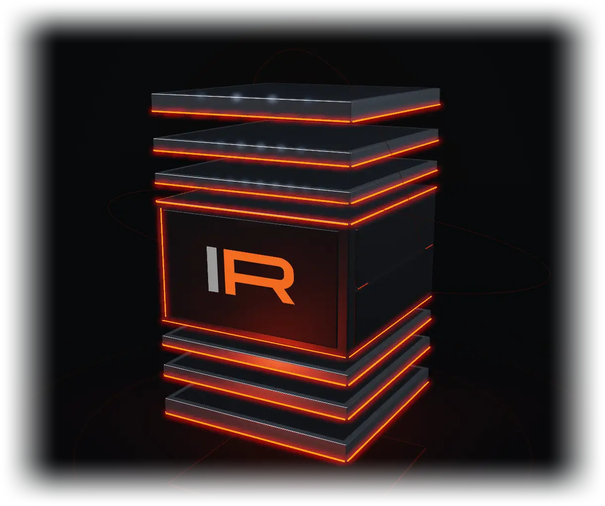 A graphite modular cube with thin upper and lower slabs and orange-lit edges.
